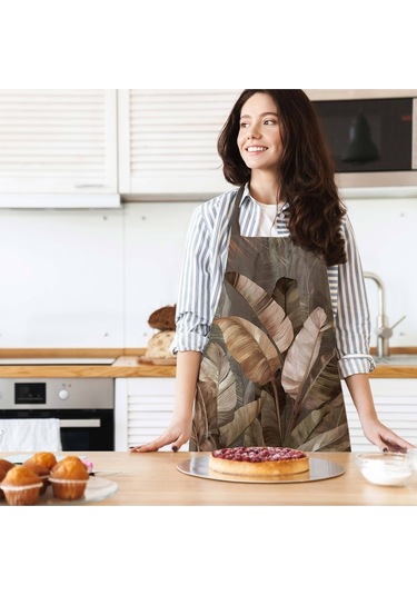 Tropikal Yaprak Tasarımlı Mutfak Önlüğü Keten Kumaş, Uluslararası Yıkama Ve Solmama Sertifikası Çok Renkli