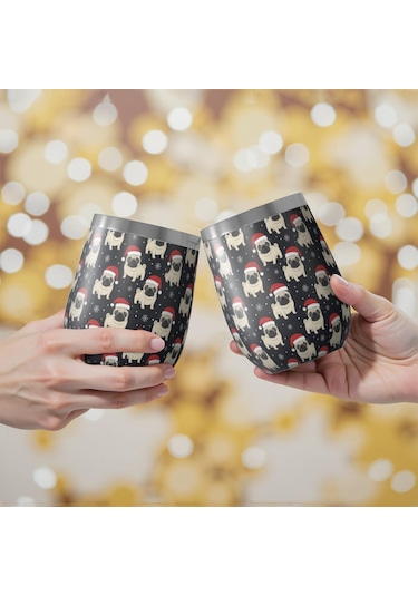 12oz Noel Desenli Seyahat Kahve Kupası, Kapaklı, Yeniden Kullanılabilir, Kadın Ve Erkek Hediyesi Noel Pug Baba Noel