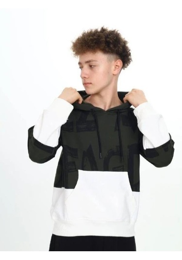 Çocuk Kapüşonlu Harf Desenli Kanguru Cepli Sweatshirt-14800 Haki