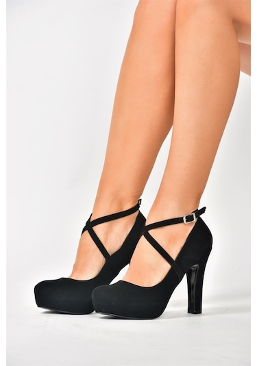 Fox Shoes Siyah/Siyah Nubuk Platform Topuklu Kadın Ayakkabı M3480 (539484041)
