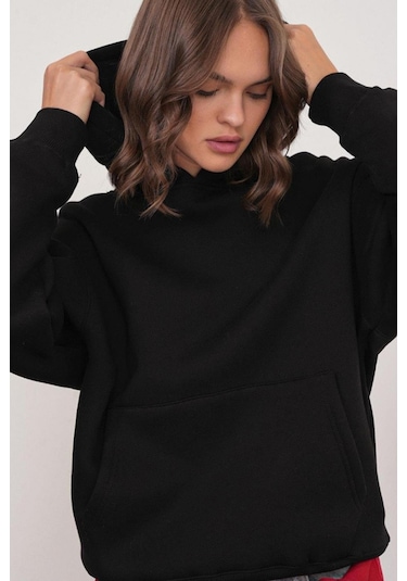 Mixray 2022 Unisex 3iplik Basic Polarlı Kapüşonlu Sweatshirt Hoodie Siyah
