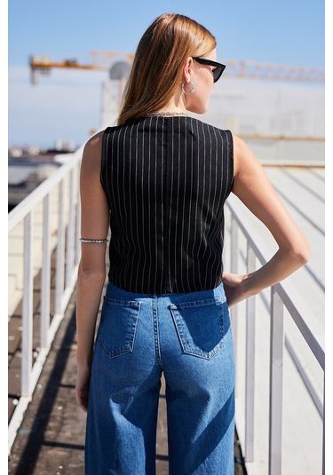 Bigdart 6794 Çizgili Dokuma Yelek - Siyah 001