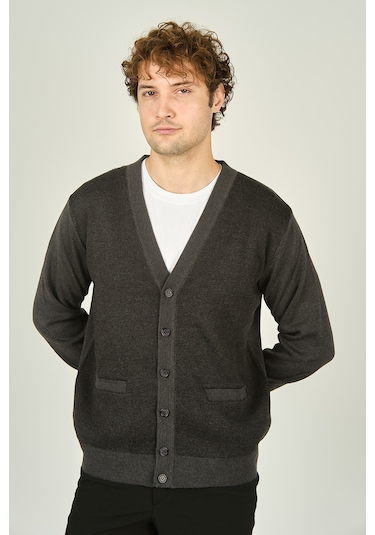 Ateş Triko Erkek Cep Detaylı V Yaka Yün Hırka 4490 Koyu Gri Koyu Gri