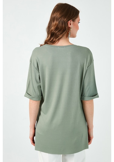 Lela Oversize Bisiklet Yaka Yırtmaç Detaylı Bayan Bluz 5869000 Çağla