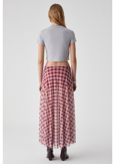 GRIMELANGE Julıano Kadın Yüksek Bel Çizgili Oversize Kırmızı Etek Kırmızı