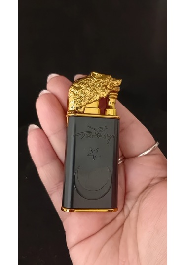 Mat Siyah Lüks Hediye Çakmak - Gold Kurt Figürlü Ay Yıldız Kabartmalı Çok Renkli