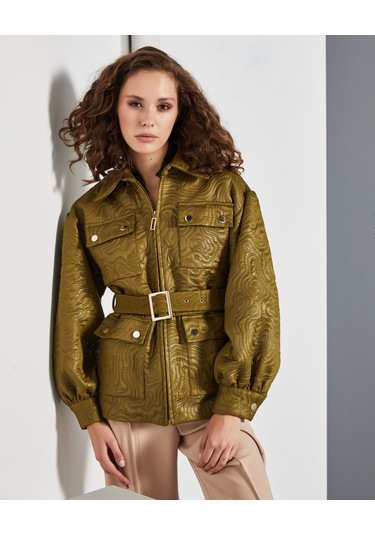 Kısa Kadın Mont - Cepli Ve Kemerli - Modern Ve Şık Tasarım - Günlük Ve Özel Gün İçin Mont Yeşil