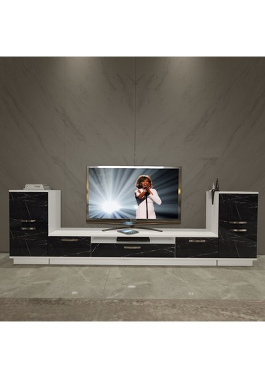 Decoraktiv Trendstyle On2 Mdf Tv Ünitesi Tv Sehpası Beyaz - Siyah Mermer
