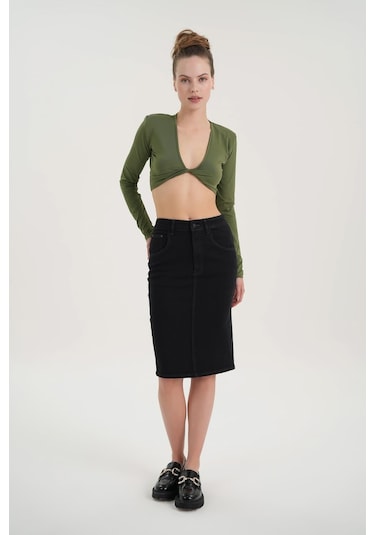 Cross Jeans  C 4990-005 Yüksek Bel Patı Fermuarlı Yırtmaçlı Esnek Kadın Jean Etek Siyah