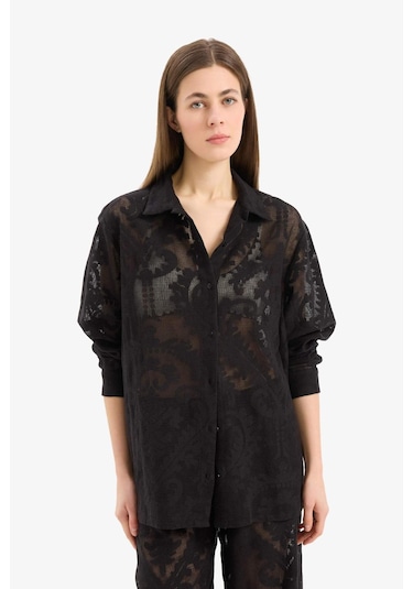 DeFacto Regular Fit Dantel Detaylı Plaj Gömleği-Fall in Love D9768AX25SMBK27 Siyah