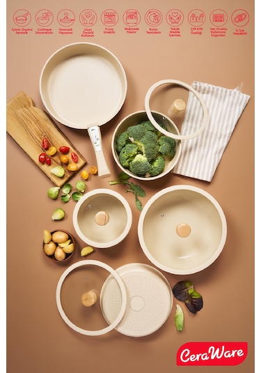 Ceraware Hona XL 14 Parça Tak Çıkar Saplı İç İçe Geçebilen Seramik Yapışmaz Tencere Tava Seti Bej