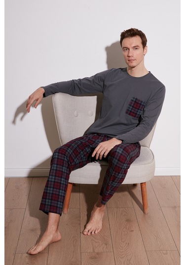 Buratti Ekoseli Cepli Beli Lastikli % 100 Pamuk Regular Fit Erkek Pijama Takımı 6572001 Antrasit