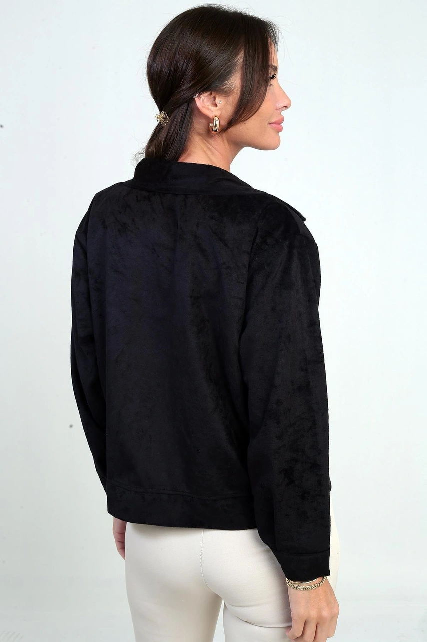 Kadın Torba Cepli Önü Fermuarlı Süet Mont-41931 Siyah