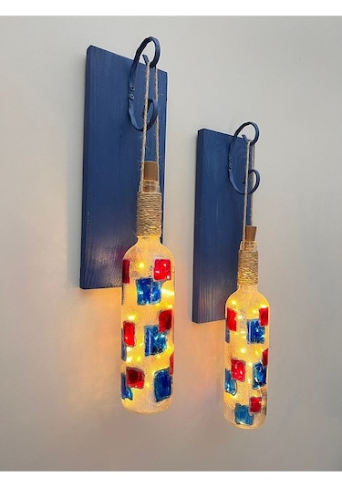 Led Işıklı Koyu Mavi Renkli Vitray Cam Salon Bar Bahçe Dekoru Şar Çok Renkli