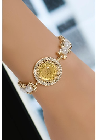 Ena İncili Çeyrekli Bileklik Sarı Altın