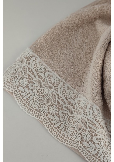 Gipür Dantelli Banyo Havlusu Takımı-%100 Pamuk Banyo Seti-gelin Havlusu Pudra Pudra