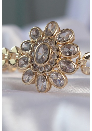Ezoconcept Pirinç Gold Renk İri Zirkon Taşlı Çiçek Figürlü Bileklik