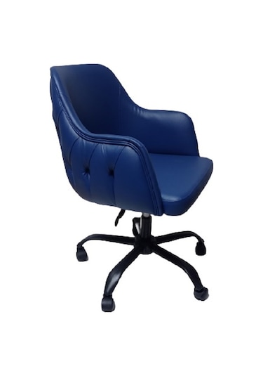 Kapitone Desenli Büro Sandalyesi Mavi Renk Suni Deri