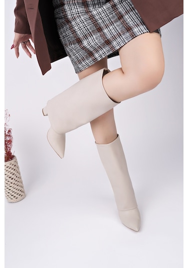 Muggo Rebeca Sivri Burun Kalın Topuklu Kadın Çizme Ten