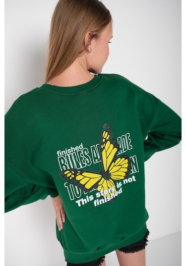 Modagen Kadın Yeşil Kelebek Baskılı Bisiklet Yaka Oversize Sweatshirt Yeşil