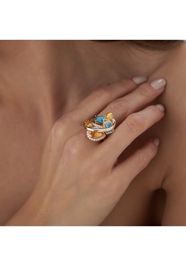 Topaz Ve Fancy Taşlı Tasarım Altın Yüzük