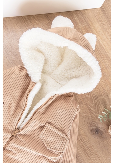 Kapüşonlu Kadife İçi Peluş Welsoft Erkek Bebek Tulum Bej