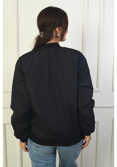 Yuvarlak Yaka Önü Fermuarlı Kol Cepli Mont-39168-siyah Siyah