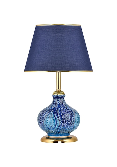 Patara Masa Lambası Abajur Mavi Çinili Gold Mavi