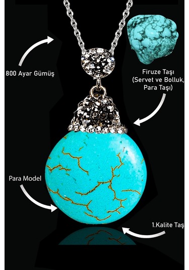 Erilsa Sertifikalı Xl Zirkon Taşlı Para Model Firuze Taşı Kolye Turkuaz Çok Renkli