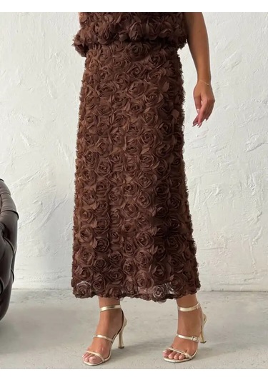 Gül Desenli Tül Etek Kahve