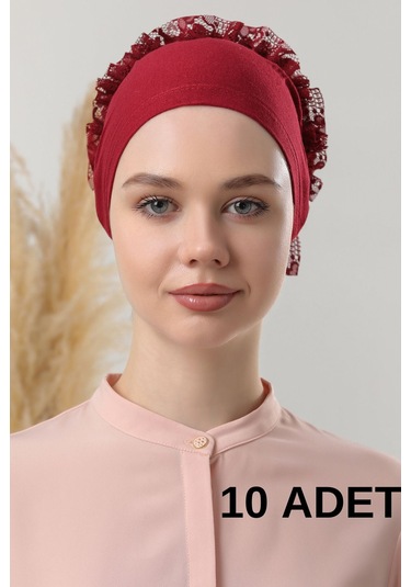 Kadın Tesettür 10'lu Fırfırlı Dikişli Bone Bordo Bordo