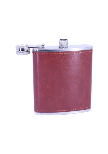 Kahverengi Deri Kaplama Paslanmaz Çelik Cep Matarası - Hip Flask 7 Oz
