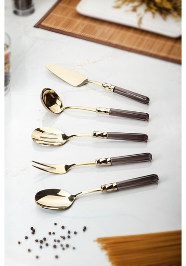5 Parça Gold Servis Seti & Servis Sunum Seti Füme Kepçe / Kevgir / Sıpatula / Çatal / Kaşık