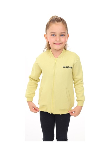 Toontoy Kız Çocuk Kolej Yaka Fermuarlı Cepli Düşük Omuz Nakış Baskılı Örme Hırka - 2 İplik Şardonlu Açık Yeşil