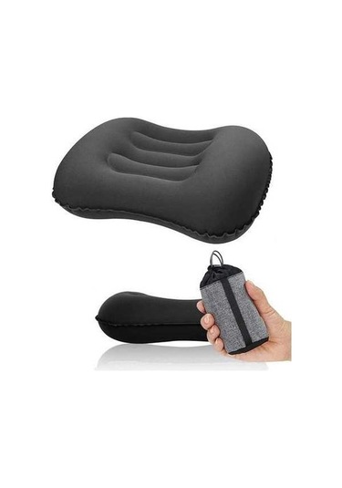 Pazly Siyah Büyük Seyahat Kamp Yastığı - Kafa Dayanağı Şişme Yastık, Dikdörtgen Konforlu, Uyku Desteği Siyah