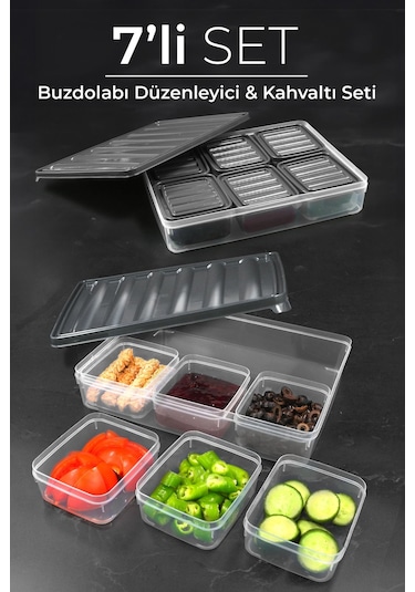 Kitchen Life 14 Parça 6 Bölmeli Hava Almaz Kapaklı Kahvaltılık Seti - Hazır Tepsili Saklama Kabı Kahvaltı Takımı Antrasit