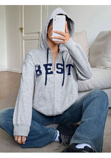Best Fermuarlı Hırka Sweatshirt - Gri Baskılı Oversize Kışlık Kalın Kapüşonlu Gri