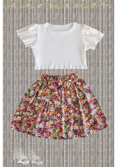 Moda59 Fitilli Crop Ve Etek Takım, Ekru Renk Modal Pamuk Crop - Pamuklu Viskon Çiçekli Etek Ekru - Kiremit