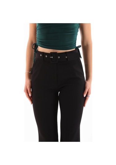 Kemerli Fermuarlı Yanlardan Cepli Geniş Paça Dabıl Kumaş Siyah