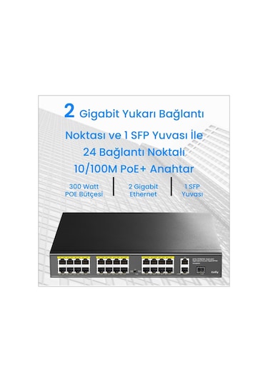 Cudy FS1026PS1 300 W Poe+ 24 Port 10/100 Mbps+ 2 Port 10/100/1000 Mbps Gigabit+1 Port Sfp Switch
