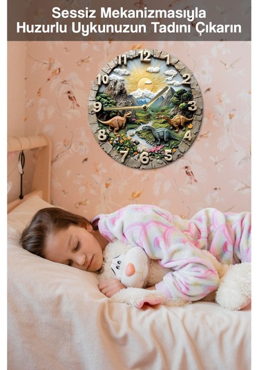 Sessiz Yuvarlak Ahşap Duvar Saati, Kuvars Dinazorlar 2d Sdw027 Renkli