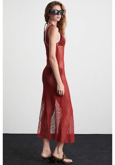 Deryn Kadın File Pamuklu Kumaşlı V Yakalı Eteği Kloş Plaj Giyimi Kiremit Rengi Elbise