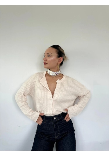 Keymoda Kadın Saç Örgülü Hırka Krem Krem