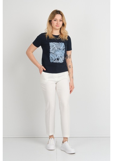 Sistas Kadın Baskı Desenli Kısa Kollu Pamuklu Bluz 24099 Lacivert Lacivert