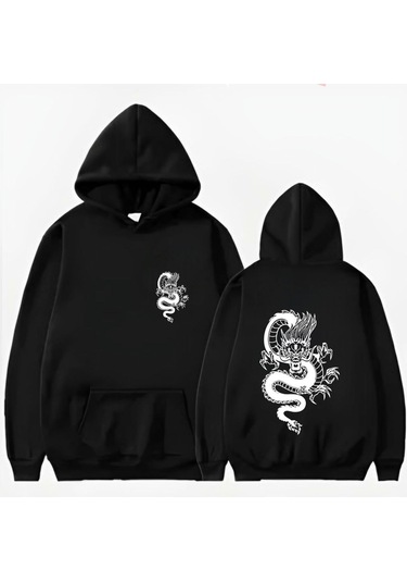 Startmore Ejder Basklı Kapüşonlu Sweat Siyah
