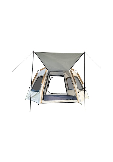 Tam Otomatik Su Ve Rüzgar Geçirmez Gölgelikli Altıgen Aile Çadırı 280x240x155 Cm Bej Bej