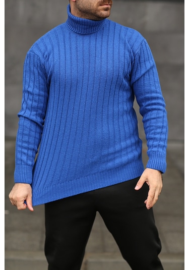 Martino Butik Unisex Balıkçı Yaka Triko Saks Mavi Kazak Saks