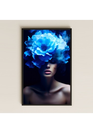 Sisli Mavi Çiçekli Kadın Portresi Temalı Sanatsal Pleksi Tablo