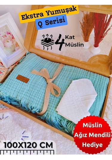 4 Kat Müslin Mint Yeşil Saçaklı Bebek Battaniyesi 100x120 Cm- %100 Pamuklu & Çok Amaçlı Battaniye Mint