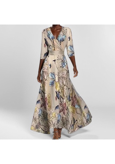 Kadın Modası Zarif Mizaç V Yaka Baskılı Daralan Pileli Büyük Etek Uzun Elbiseler Beyaz